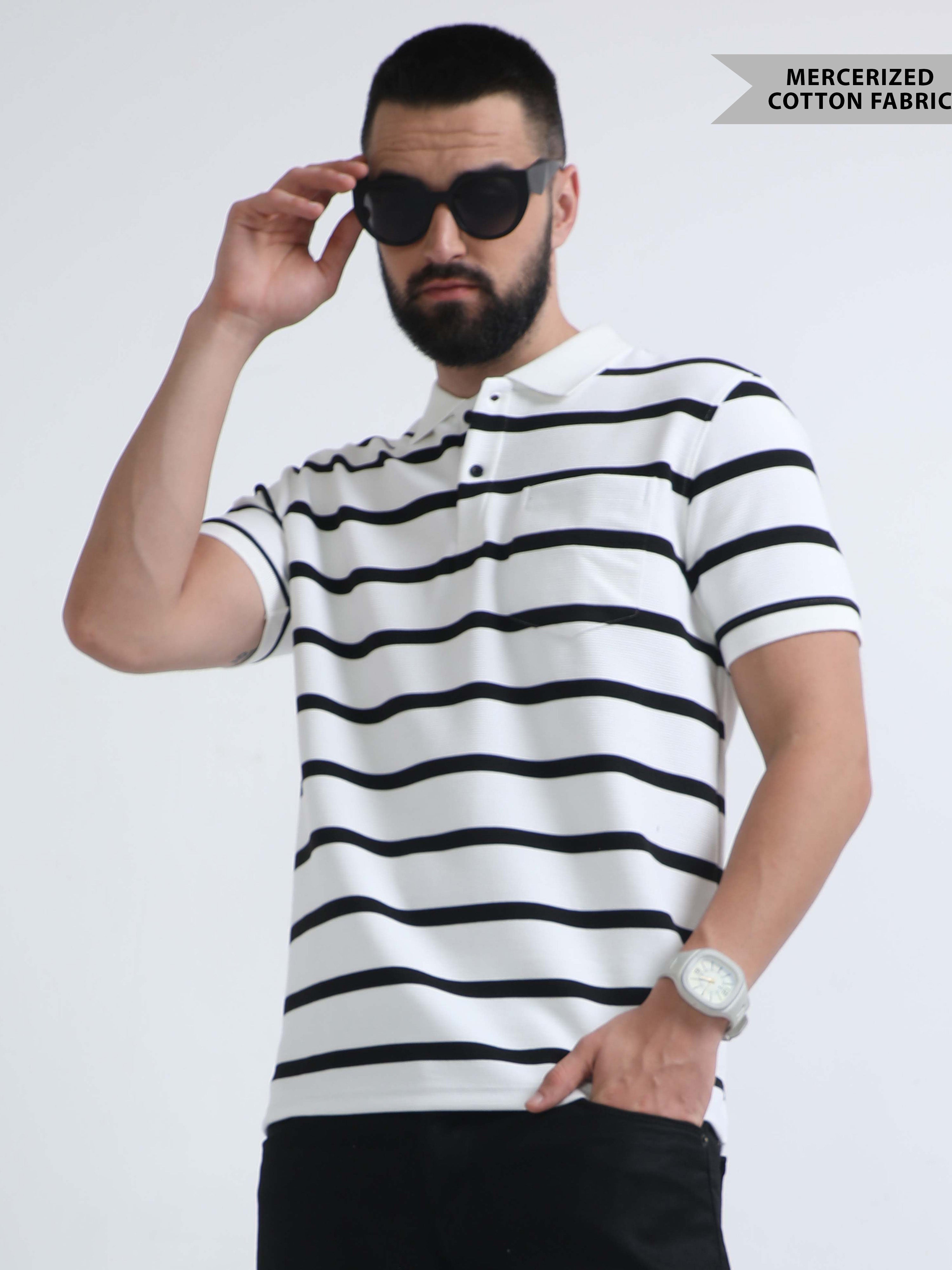 Black and White Striped Polo T-Shirt for Men